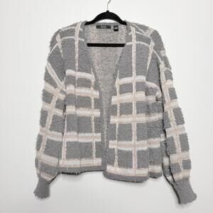 Love Ever After Fuzzy Plaid Open Cardigan Gray Pink Soft Knit Sweater Large